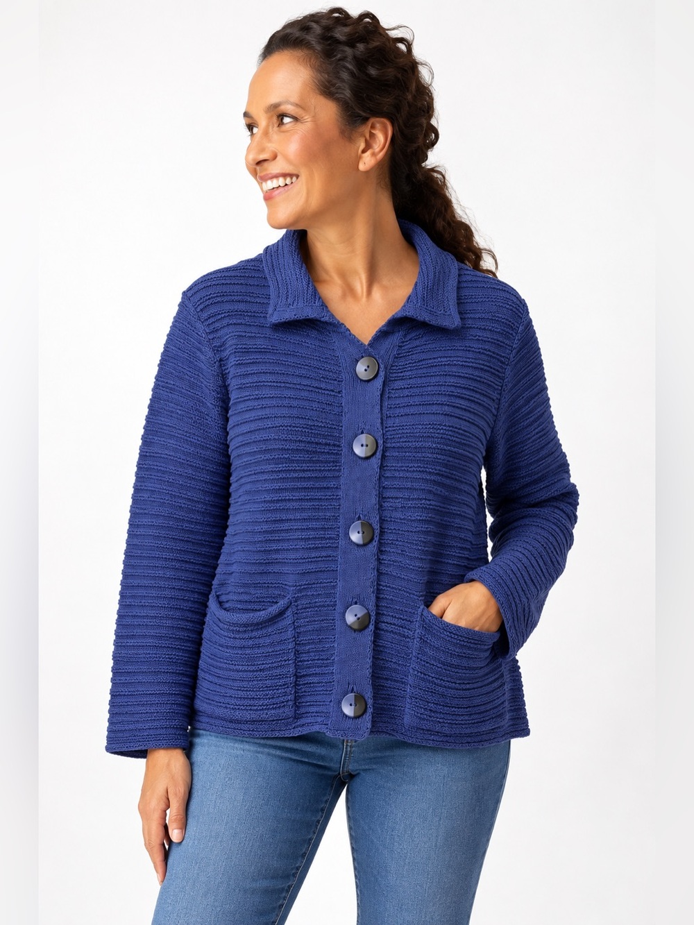 NWOT Habitat Clothes to Live In Blue Textured Knit Button Cardigan Jacket
